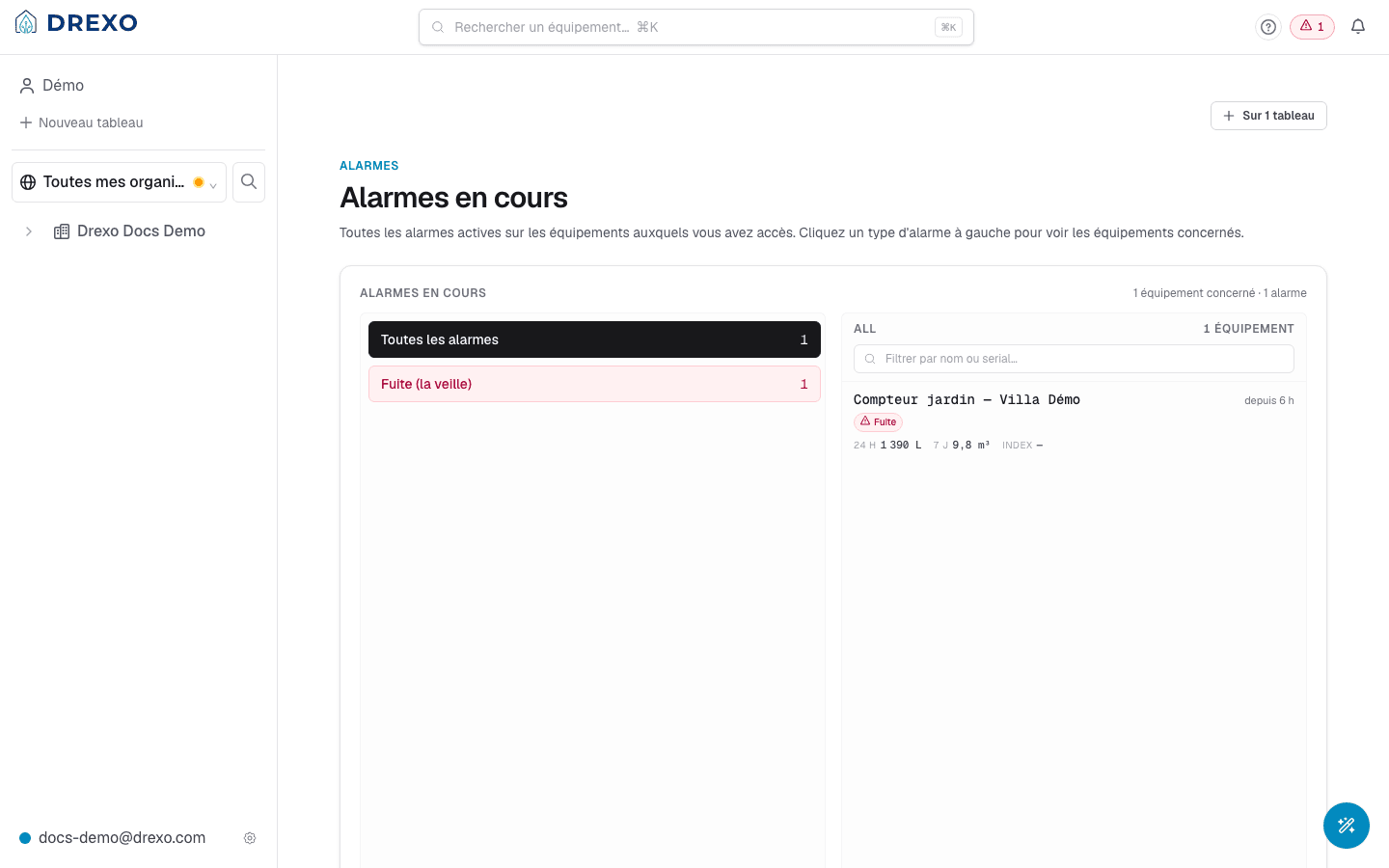 Page Alarmes Drexo avec le volet gauche par type et le volet droit par appareil