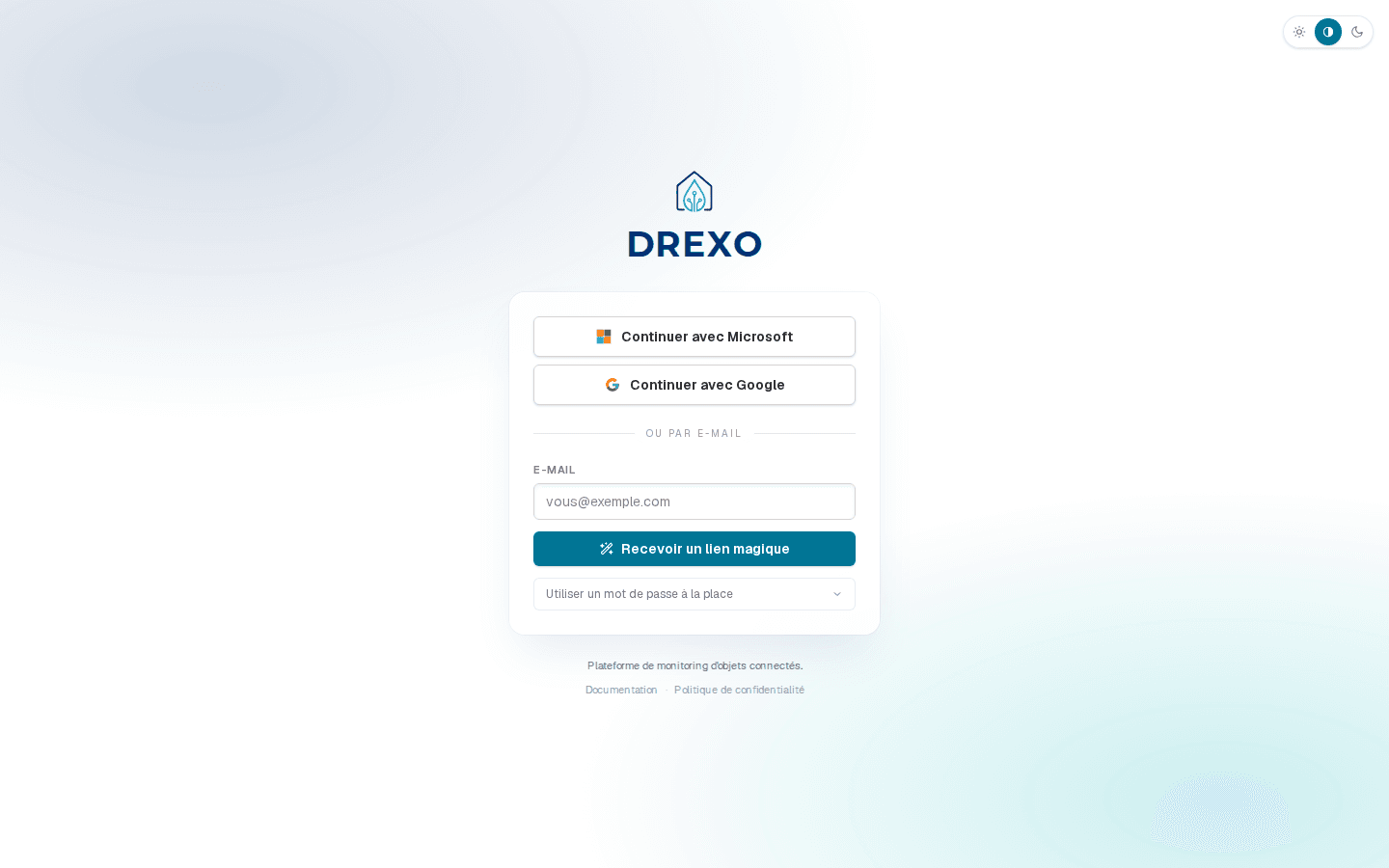 Page de connexion Drexo avec les trois moyens (Microsoft, Google, lien magique)
